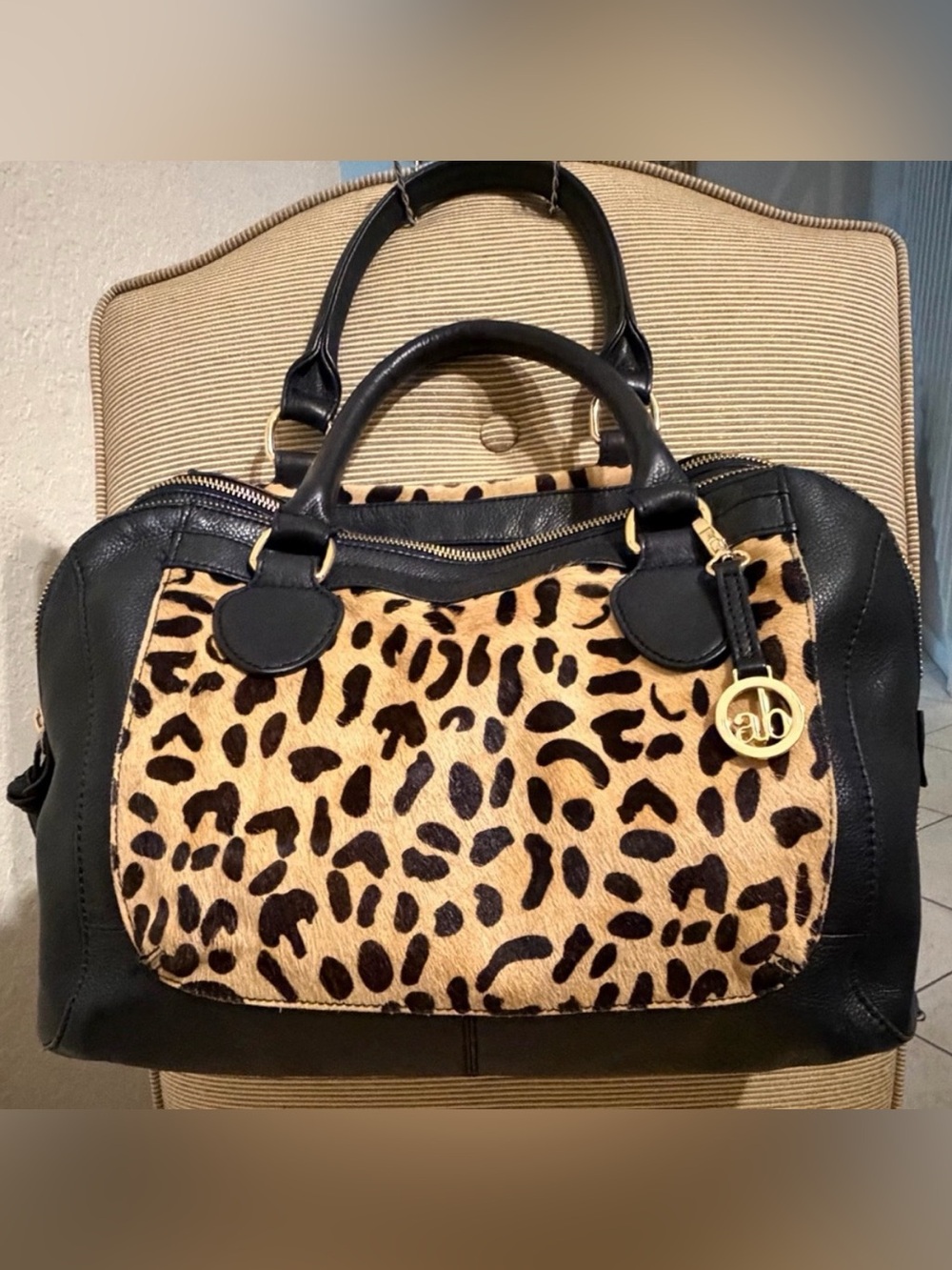 LIKE NEW Audrey Brooke Black Leather Leopard Print Satchel/Bag